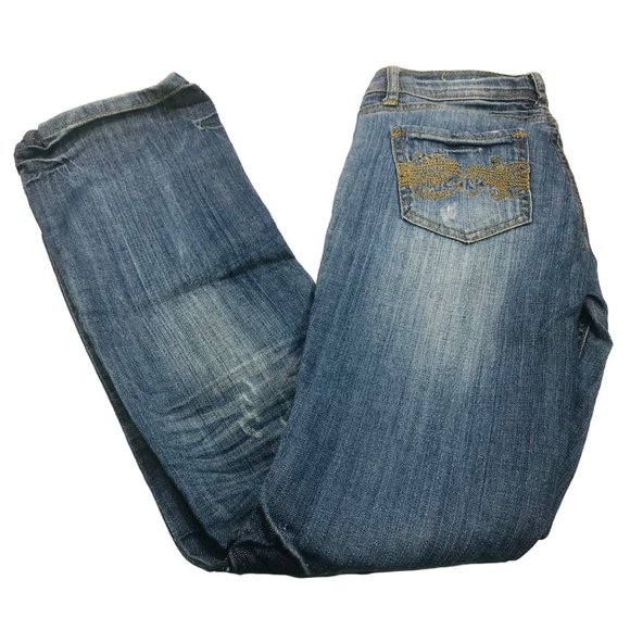 Almost Famous Women's Size 3 Distressed Denim Blue Jean Preowned Good Condition - Picture 2 of 12